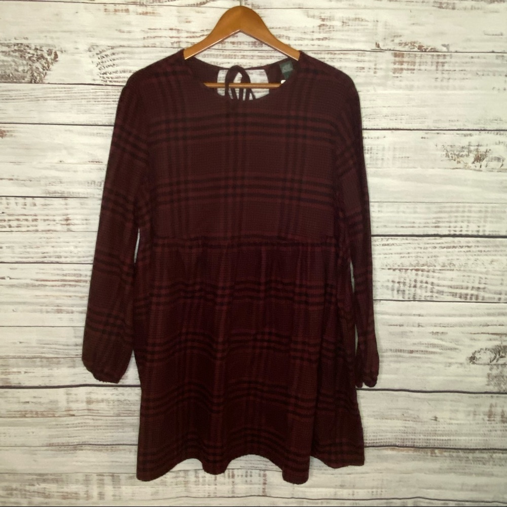 NWT Wild Fable Maroon Plaid Long Sleeve Ruffle Dress